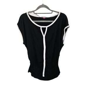 Vince Camuto Women's XL Ruched Bodycon Top Black White Trim Sophisticated Basic